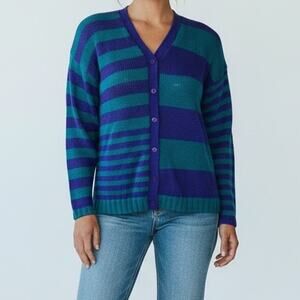 Vintage 90s PASTA Purple Green Striped Cardigan Sweater Color Block Small